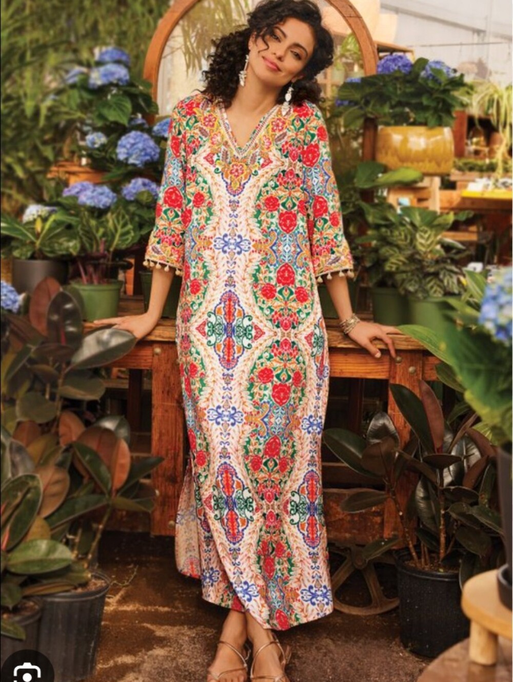 Soft Surroundings Embroidered Beaded Caftan Challis Maxi Dress